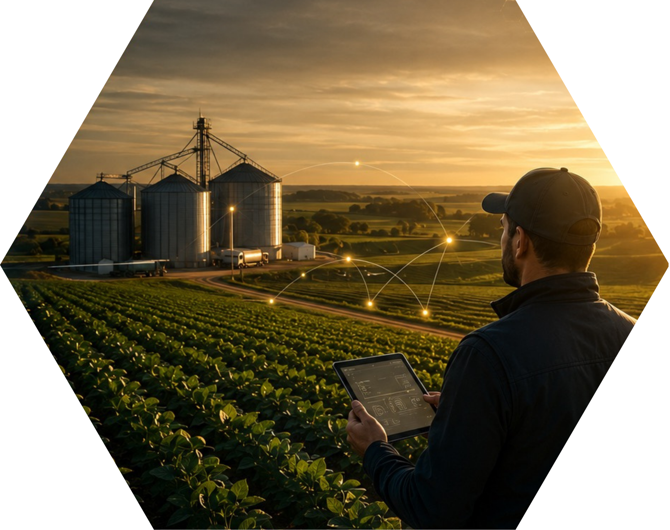 Ilustración de un profesional observando el campo y los silos